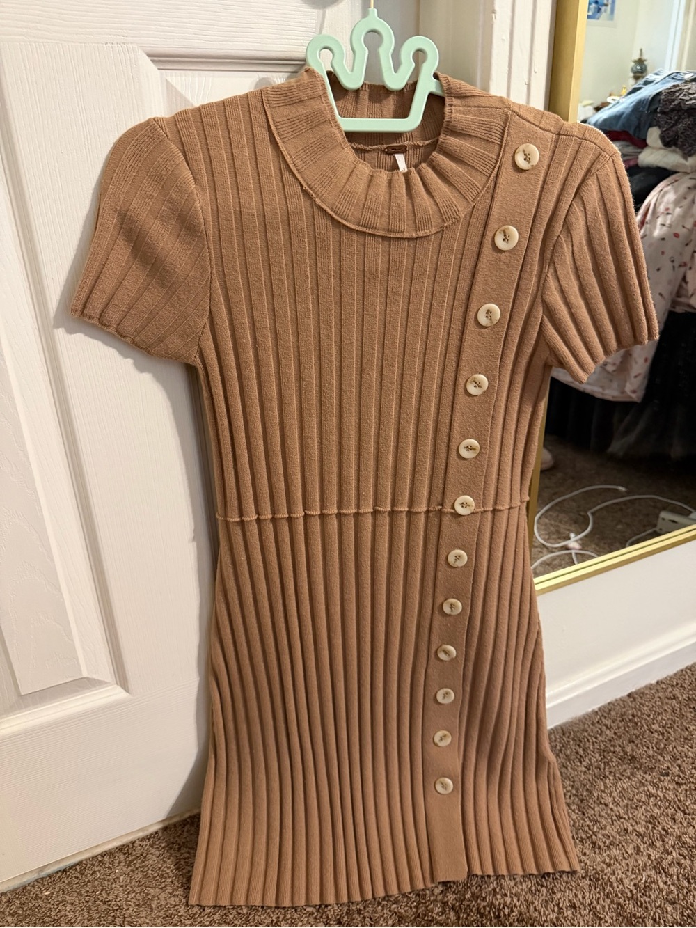 Free People Ribbed Button-Front Knit Dress in Camel/Tan